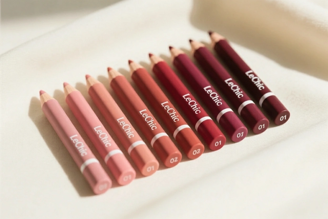 رنگ رژلب مدادی لچیک؛ ۱۰ شماره 01 تا 10 روی پارچه کرم با چیدمان از رز تا شرابی