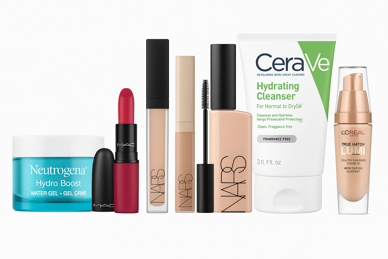 تصویری از مجموعه‌ای از محصولات آرایشی و مراقبت پوستی برندهای معتبر مانند MAC، Huda Beauty، NARS، Neutrogena، CeraVe و L'Oréal که با کیفیت بالا و طراحی زیبا در کنار یکدیگر قرار گرفته‌اند. این تصویر، تنوع محصولات موجود در فروشگاه کازمتیک 110 را به‌خوبی نمایش می‌دهد و نشان‌دهنده تجربه‌ای حرفه‌ای، مطمئن و لذت‌بخش از خرید لوازم آرایشی و بهداشتی آنلاین در کازمتیک 110 است.