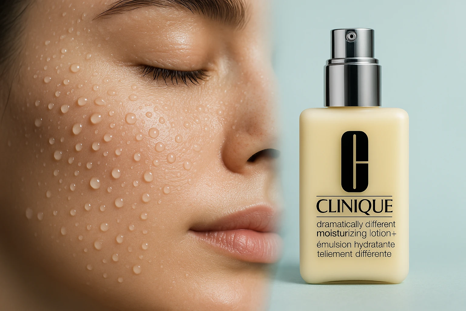 بطری کرم مرطوب‌کننده کلینیک مدل Dramatically Different Moisturizing Lotion روی پس‌زمینه آبی روشن، با طراحی مینیمال و بسته‌بندی زرد براق