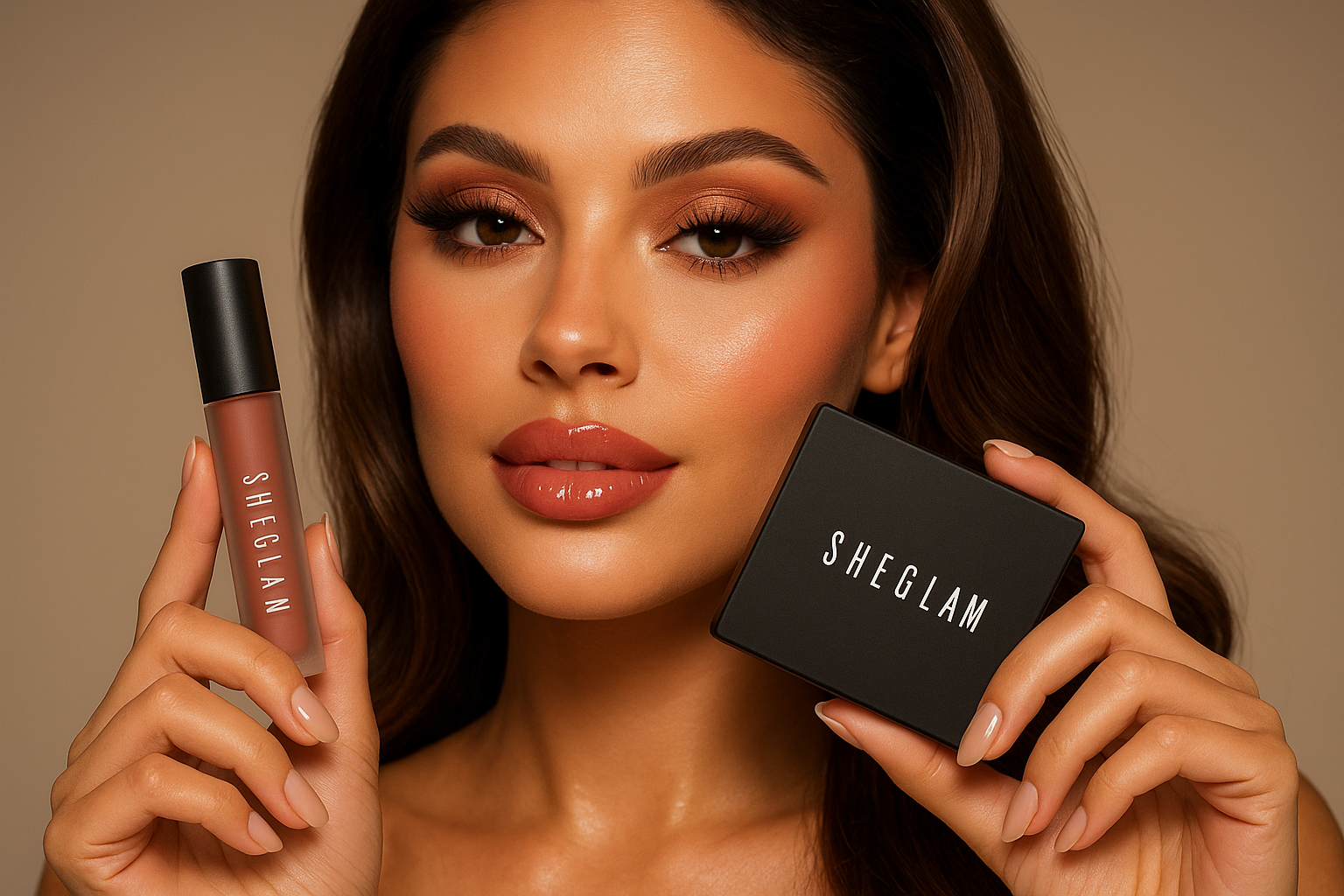 «میکاپ کامل و جذاب با محصولات Sheglam، شامل آرایش چشم، لب و گونه با رنگ‌های گرم و براق»