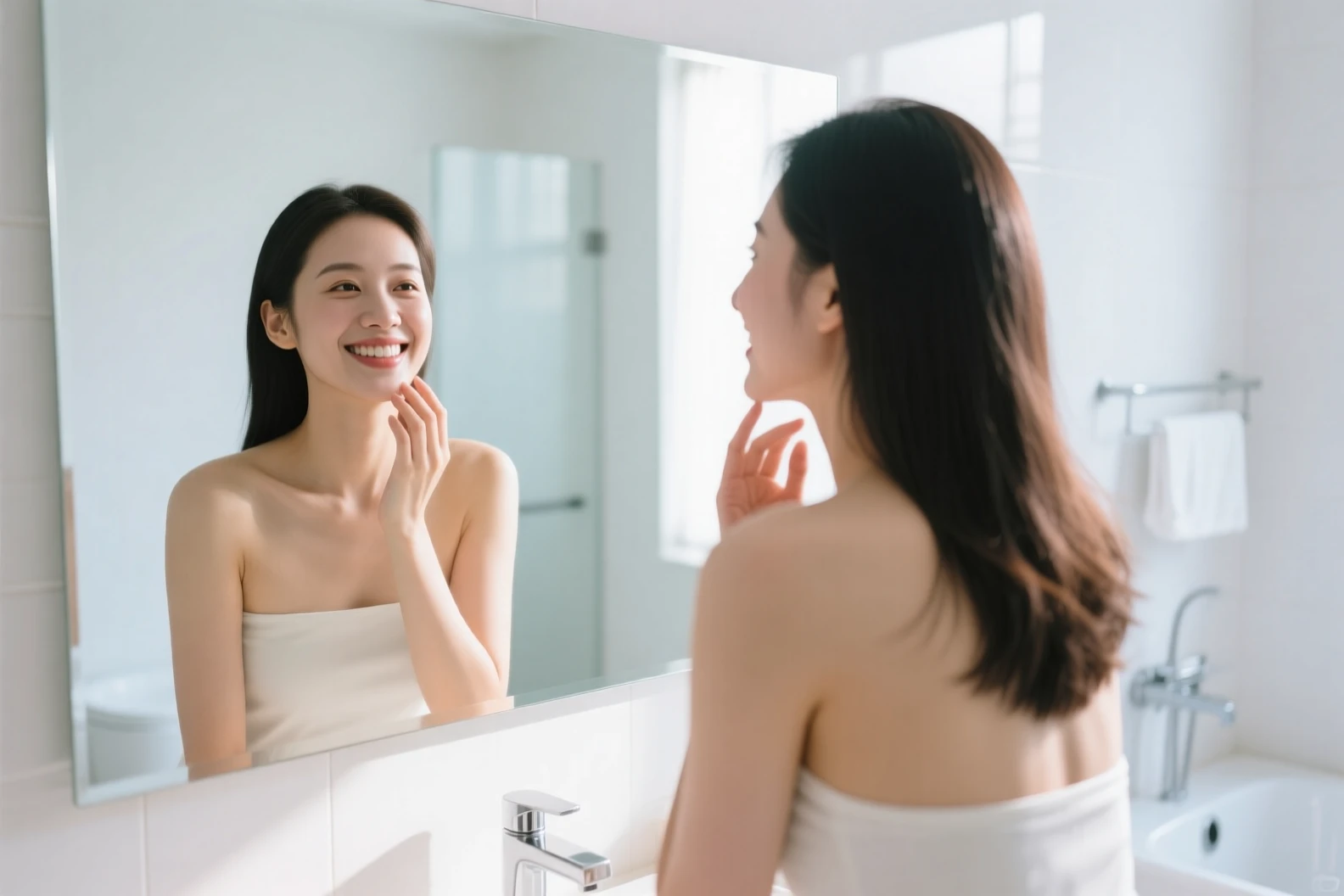  زنی روبه‌روی آینه با لبخند ملایم، در حال لمس گونه‌ی نرم و درخشان در نور صبحگاهی؛ پس‌زمینه حمام مینیمال با حس طبیعی و حرفه‌ای.