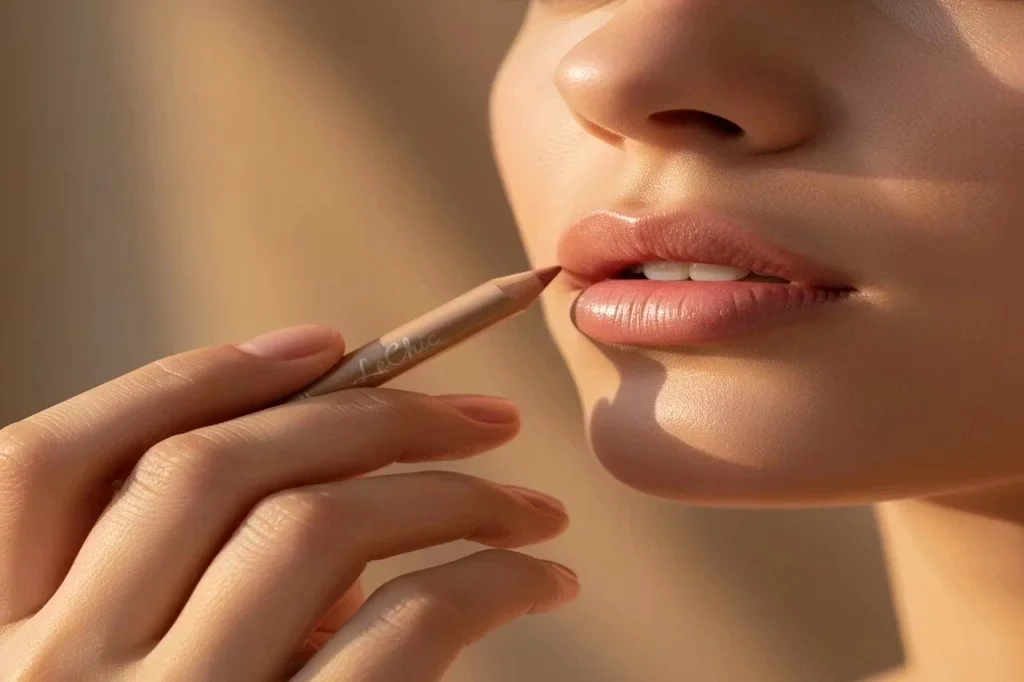 استفاده از رژلب مدادی لچیک؛ نمای نزدیک لبها با نور آفتاب طلایی