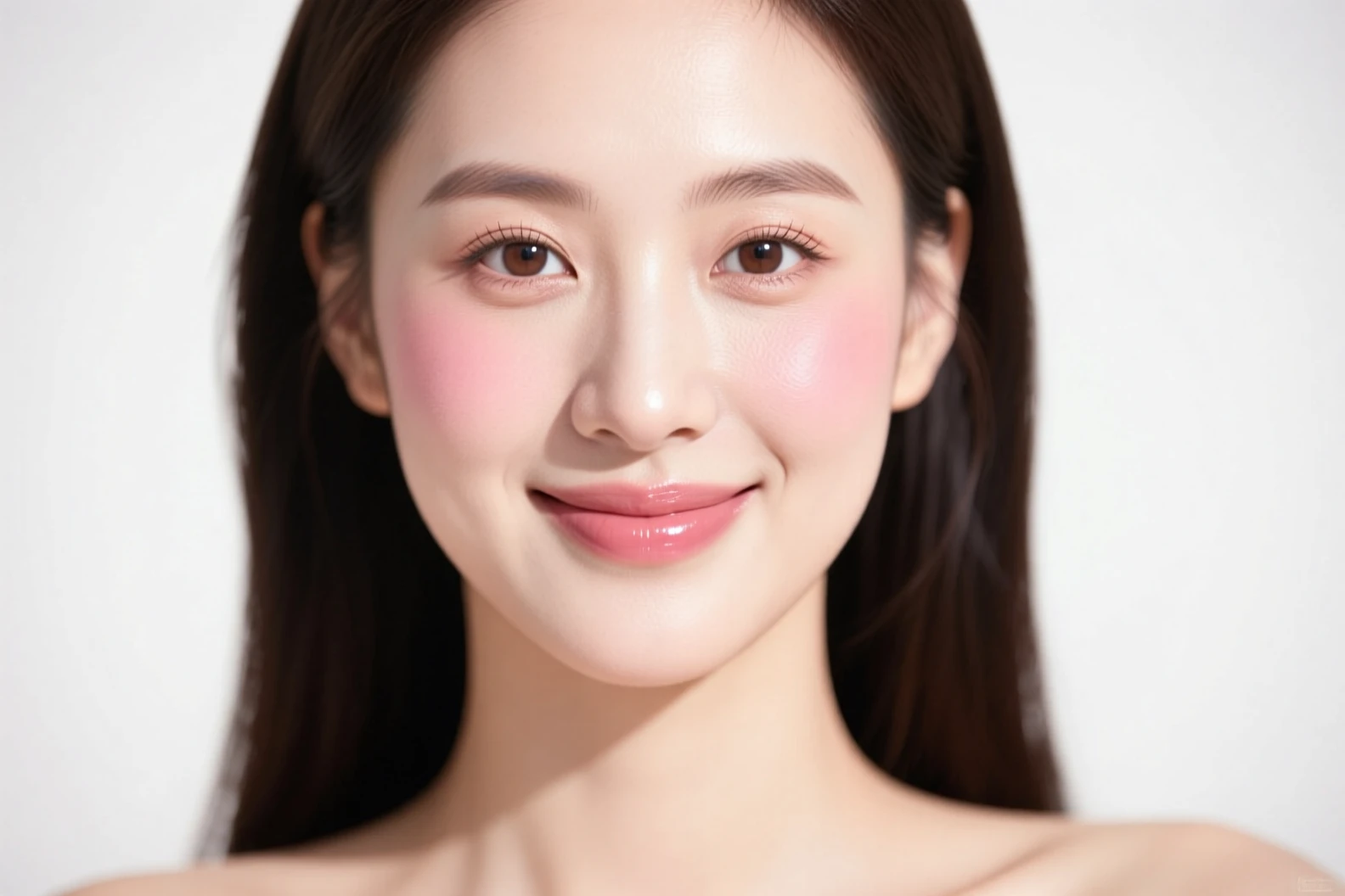 پرتره دختر جوان با آرایش مینیمال، گونه‌های گلبهی و لب‌های شفاف در نور طبیعی روز