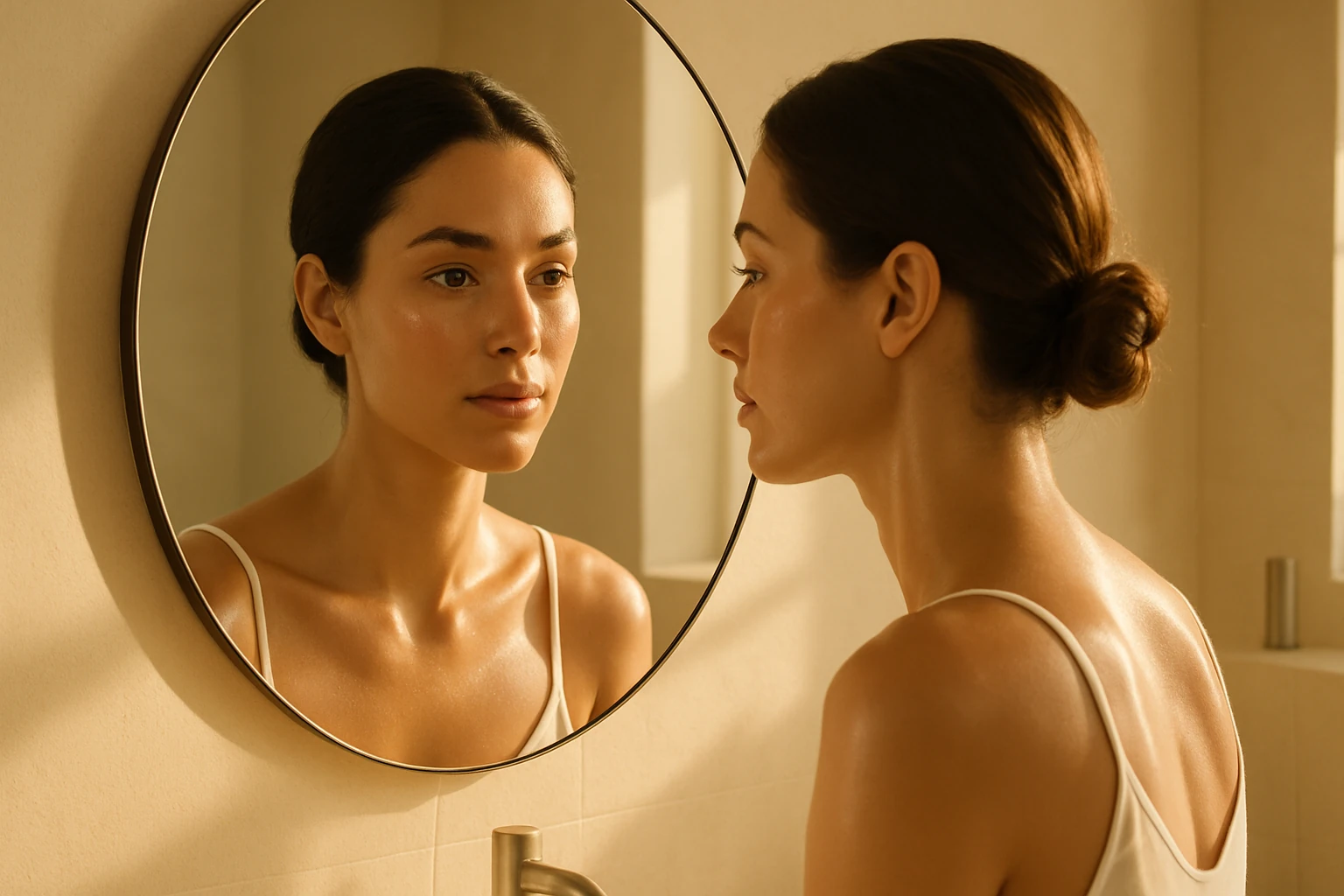 تصویر طبیعی زن با پوست مرطوب در نور صبح طلایی، مینیمال و حرفهای