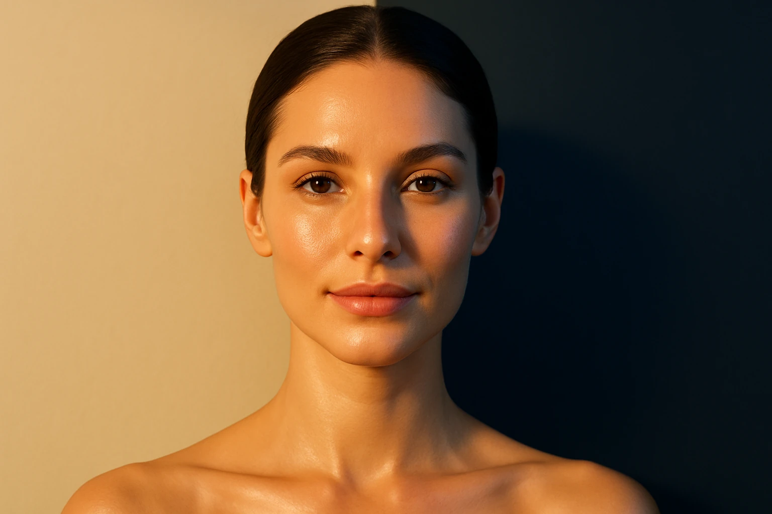 «پرتره طبیعی با نور طلایی روز در نیمه چپ و نور آبی شب در نیمه راست، نمایش تفاوت روتین آبرسان روز و شب»