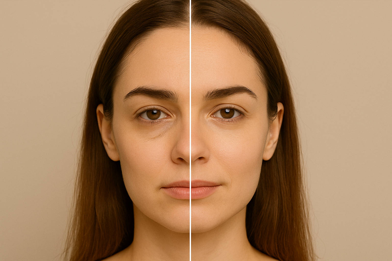 تأثیر کرم دور چشم قوی بر پوست صورت؛ سمت چپ با پف، تیرگی و خطوط ریز، سمت راست صاف، شفاف و بدون خستگی پس از مصرف منظم کرم دور چشم قوی.