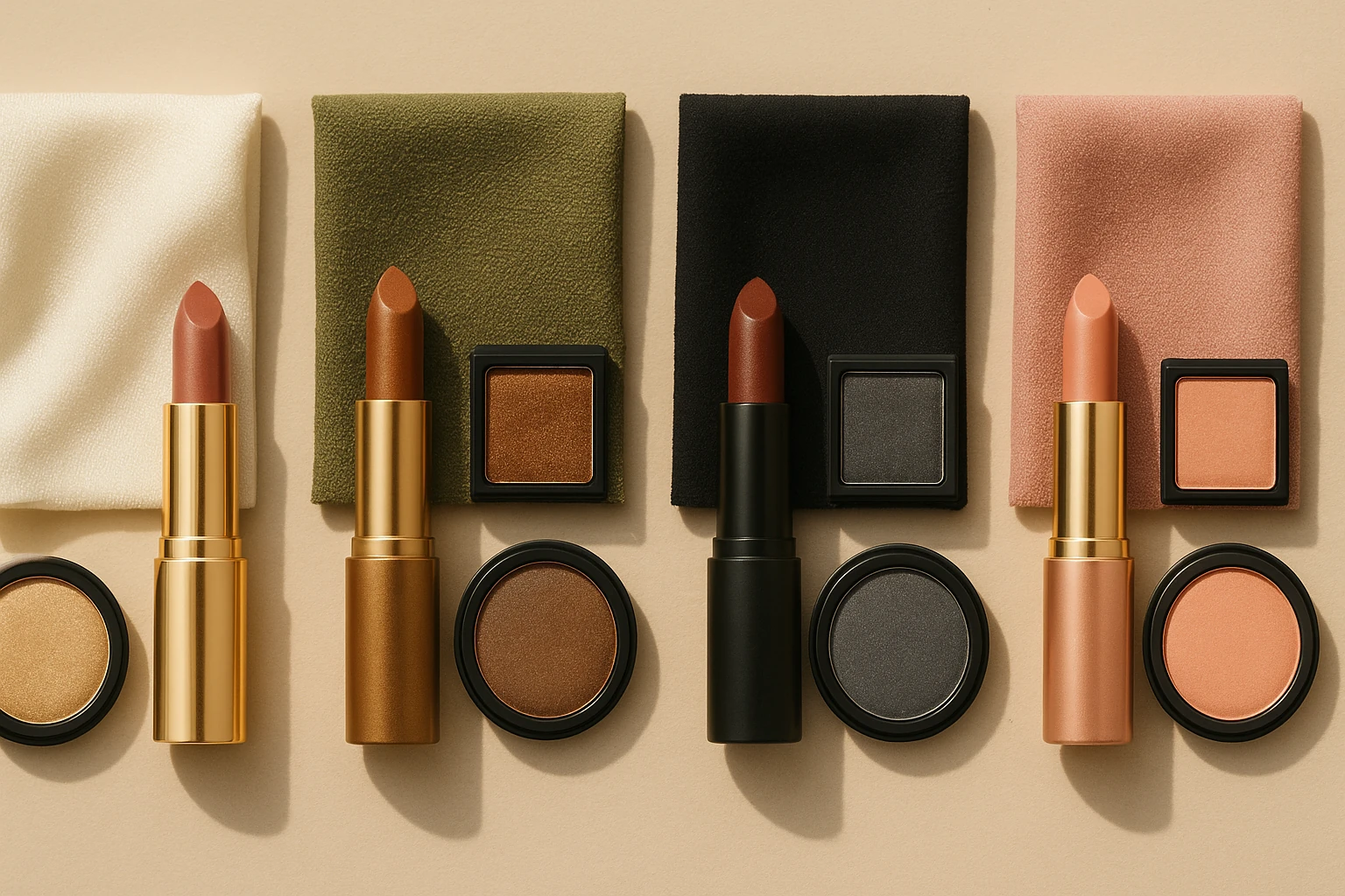 مودبورد چهارگانه ست‌های عروس: سفید+طلایی کلاسیک، زیتونی+برنزی گرم، مشکی+دودی شبانه، صورتی چرک+هلویی رمانتیک روی زمینه بژ با نور طبیعی