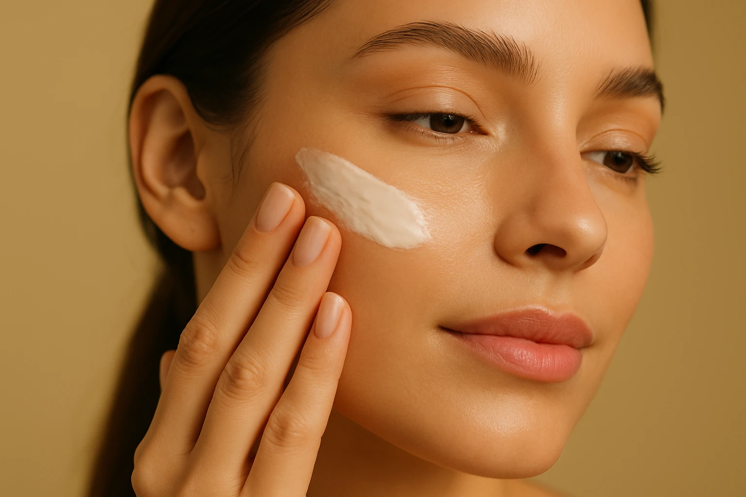 «نمای نزدیک دست خانم در حال ماساژ کرم مرطوب‌کننده سفید روی گونه، با پس‌زمینه کرم و ته‌رنگ زیتونی-طلایی و نور نرم و گرم»