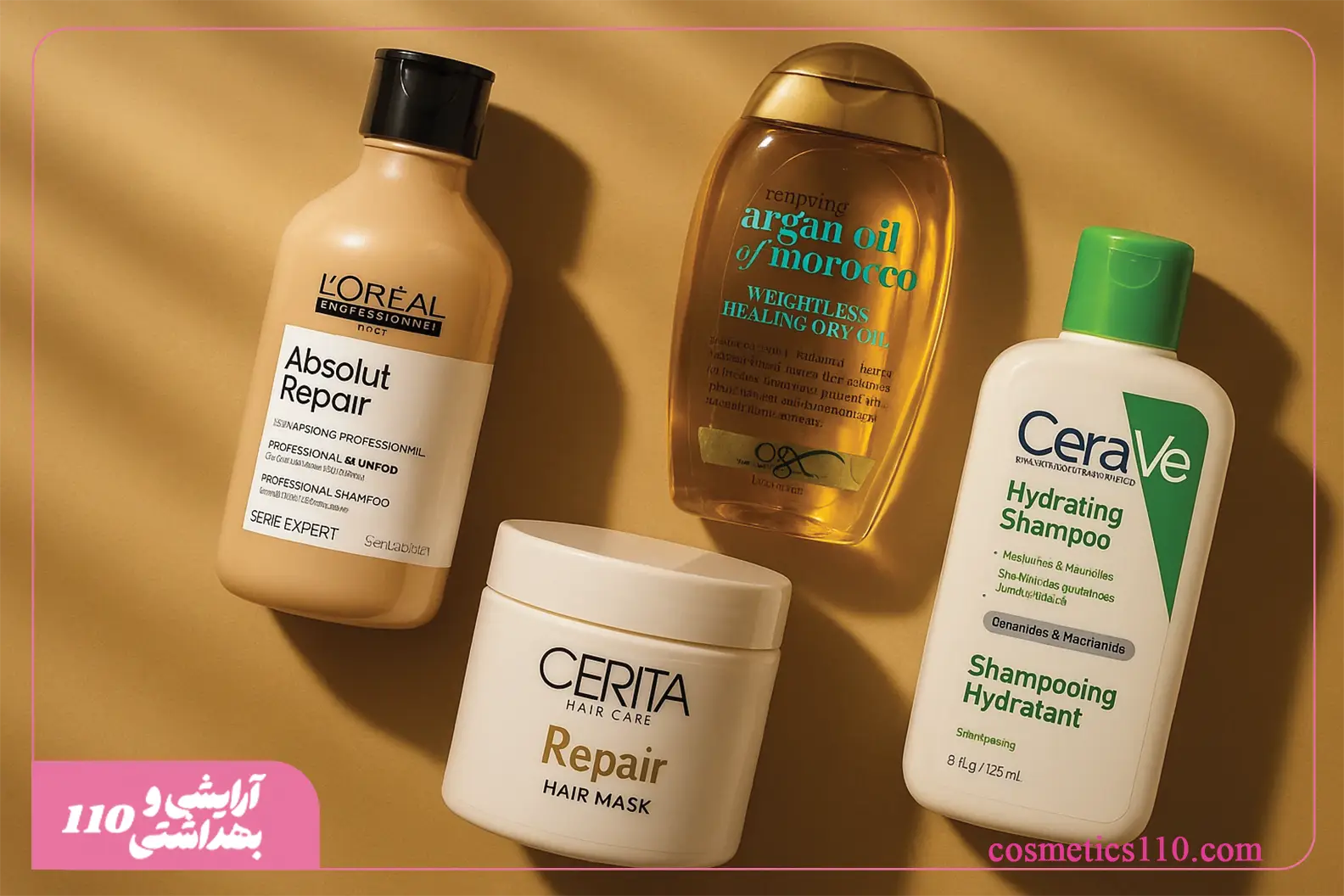 «چیدمان محصولات مراقبت از مو از برندهای معروف شامل شامپو لورآل، روغن آرگان OGX، شامپو مرطوب‌کننده سراوی و ماسک موی سریتا با نور گرم و پس‌زمینه طلایی»   