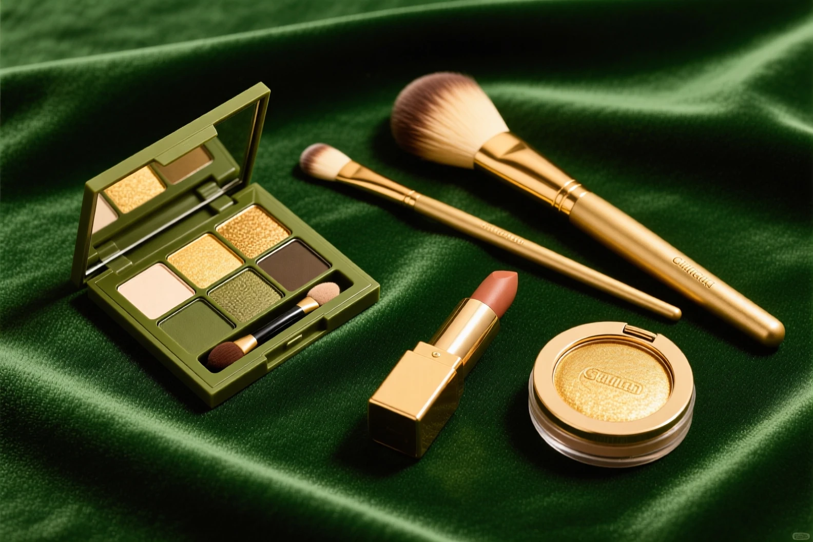 پالت سایه چشم زیتونی و طلایی به همراه براش‌های طلایی، رژ لب کاراملی و هایلایتر طلایی روی زمینه مخملی سبز زیتونی با نور نرم و حس لوکس و مینیمال