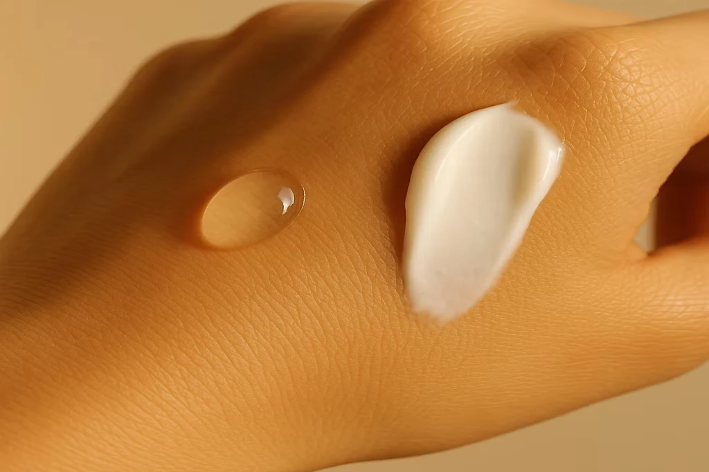 «کلوزآپ دست با یک قطره آبرسان ژلی شفاف و یک لایه کرم مرطوب‌کننده در نور طلایی طبیعی؛ نمایش تفاوت بافت آبرسان و مرطوب‌کننده.»