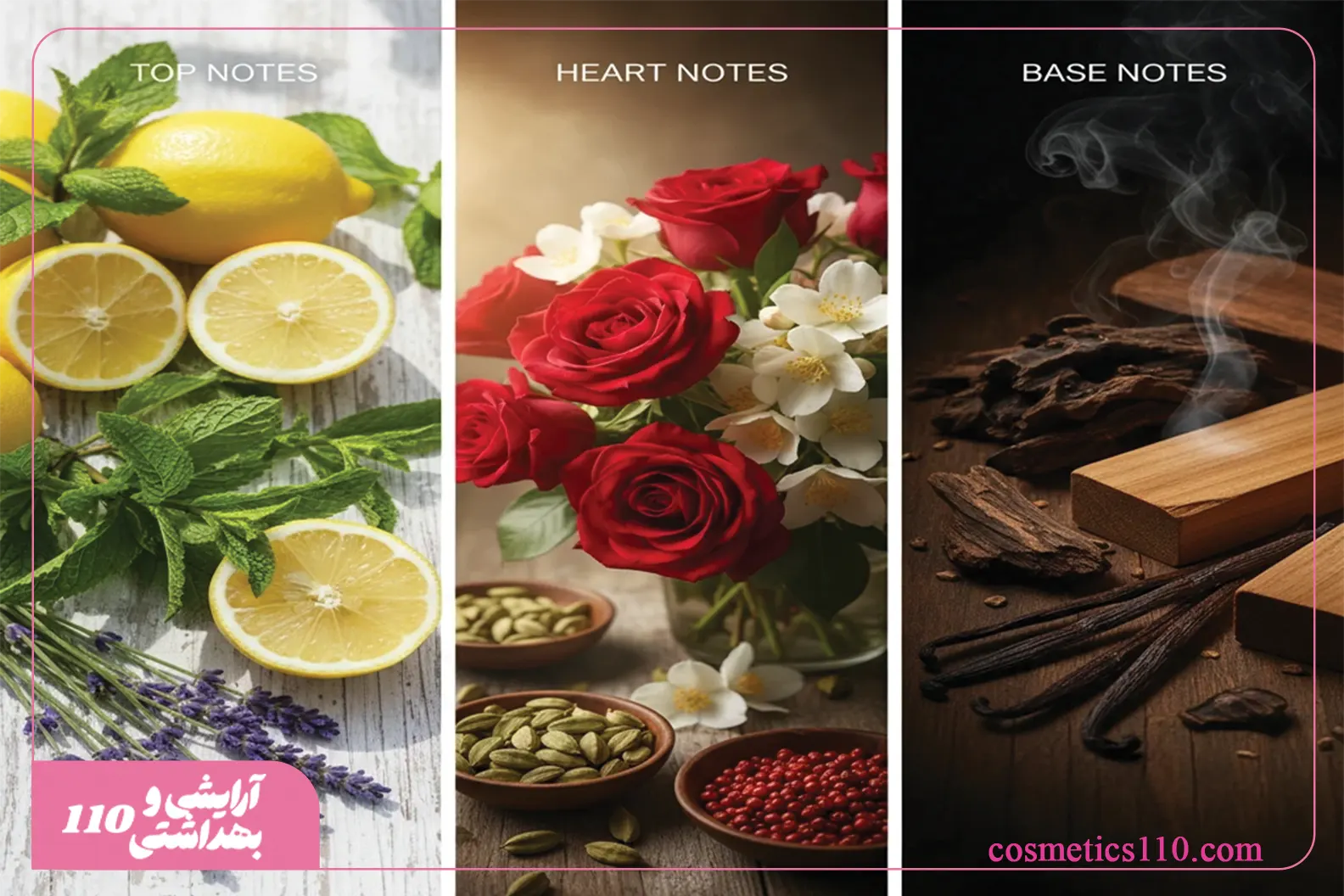 «نمایش سه بخش نت‌های عطر: نت ابتدایی با لیمو و نعناع و اسطوخودوس، نت میانی با گل رز و یاس و ادویه‌ها، و نت پایه با وانیل، چوب و بخورهای گرم.»