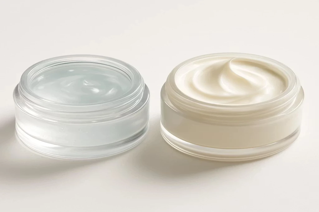 دو ظرف آبرسان ژلی شفاف و مرطوب‌کننده بافت کرمی روی پس‌زمینه سفید، عکاسی محصول حرفه‌ای