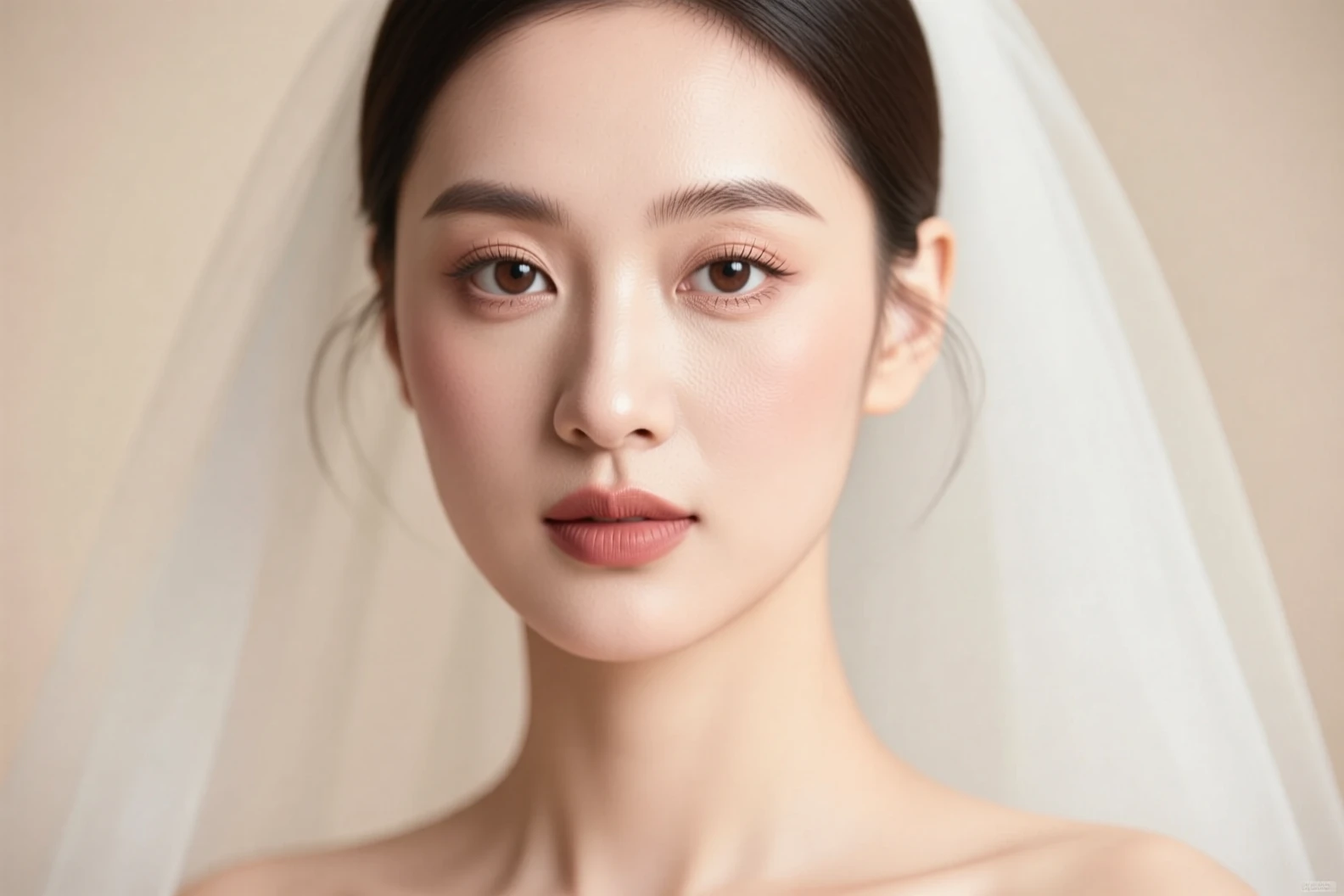 عروس با آرایش طبیعی و پوست درخشان، در نور نرم و پس‌زمینه کرمی، با استایلی ساده و کلاسیک