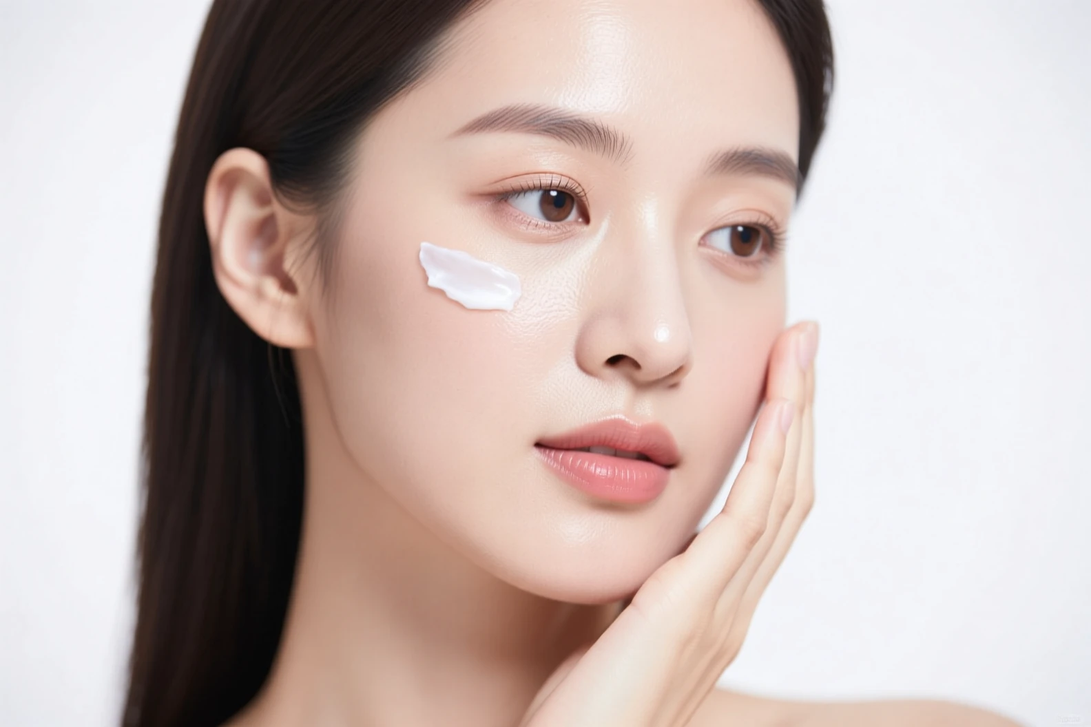 نمای نزدیک از زنی با پوست شفاف و درخشان که با ظرافت کرم سبک صورت را روی گونه‌اش پخش می‌کند؛ نور طبیعی ملایم و پس‌زمینه سفید، حس طراوت و مراقبت از پوست را منتقل می‌کند.