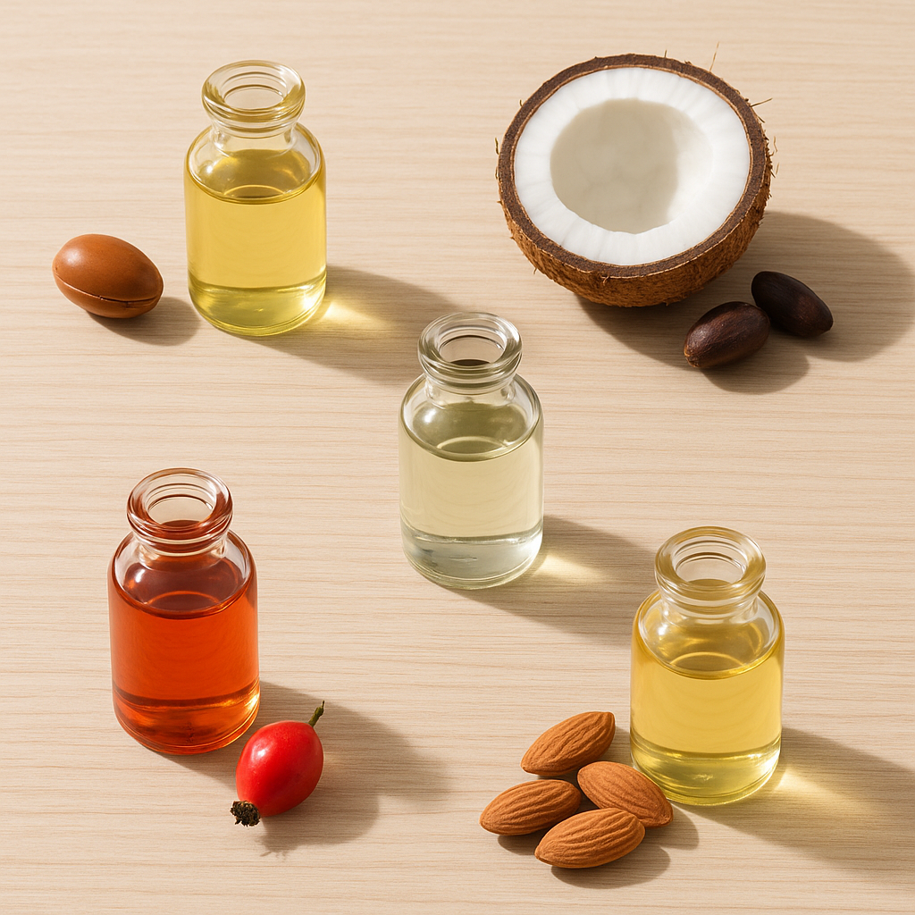 بطری‌های کوچک حاوی روغن آرگان، جوجوبا، نارگیل، گل رز و بادام روی میز چوبی، کنار میوه یا دانه هر روغن، نور طبیعی و سبک مینیمال