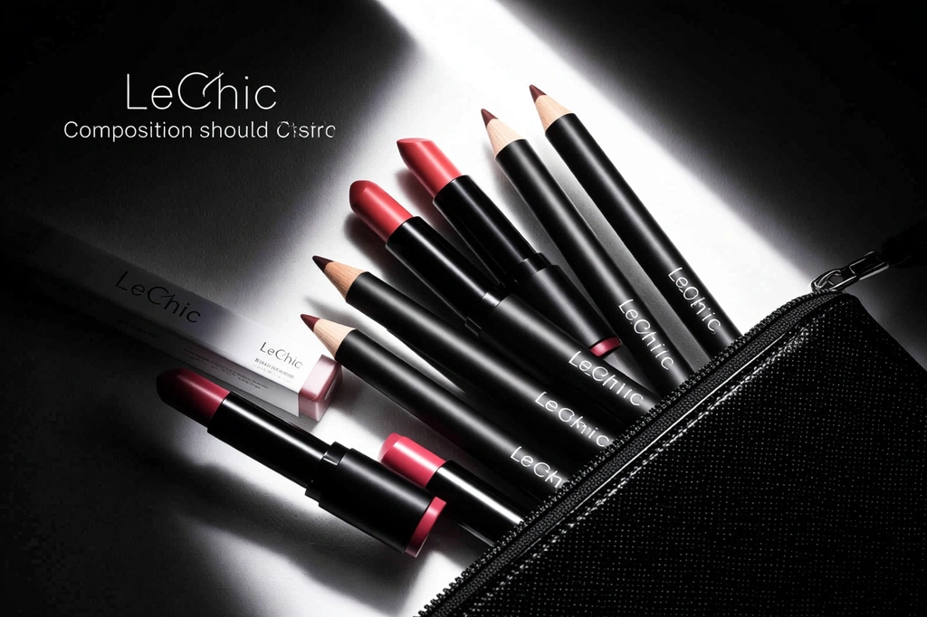 تصویر تبلیغاتی لوکس رژلب مدادی لچیک با پس‌زمینه مشکی