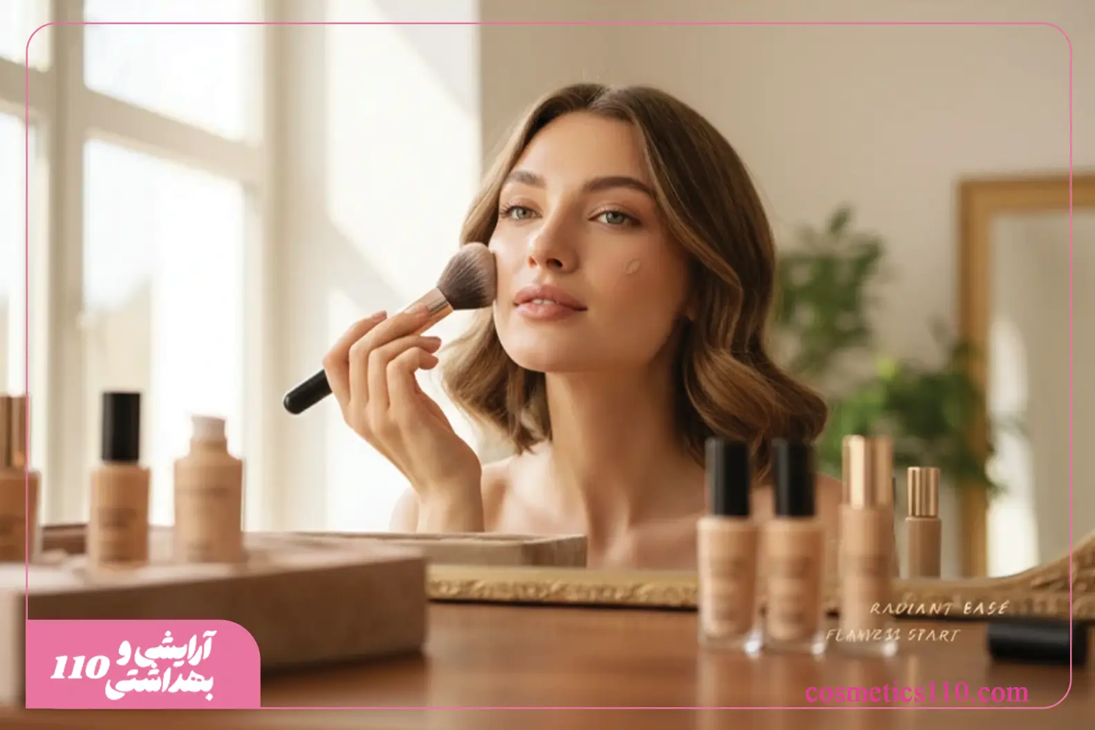 عکس لوازم آرایشی صورت شامل پرایمر، کرم‌پودر و براش روی میز آینه‌ای