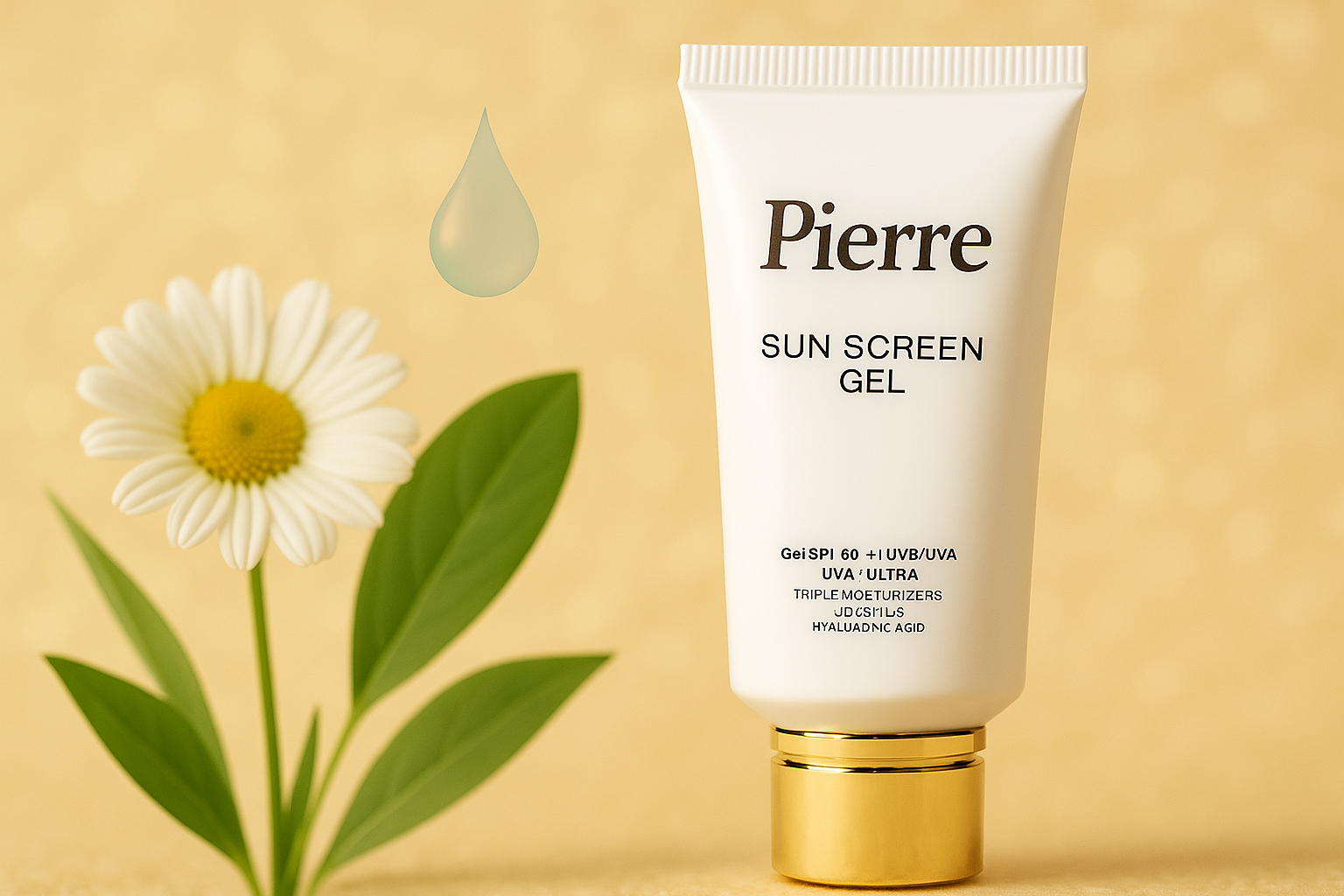 تصویر کرم ضدآفتاب ژل Pierre با SPF 60 و محافظت UVA/UVB، قرار گرفته در پس‌زمینه‌ای مینیمال با گل سفید و برگ سبز، همراه با قطره آب، مناسب برای معرفی محصول در بخش هدر مقاله.