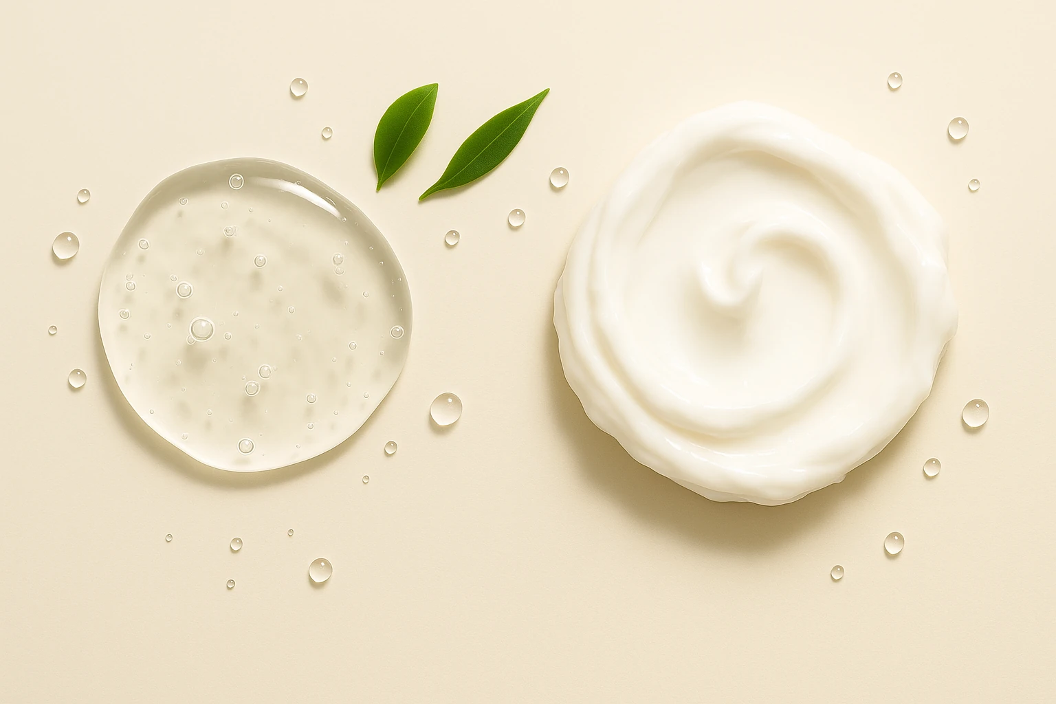 «بافت آبرسان ژلی شفاف کنار بافت کرم مرطوب‌کننده سفید روی پس‌زمینه بژ روشن با برگ سبز و قطرات آب»   