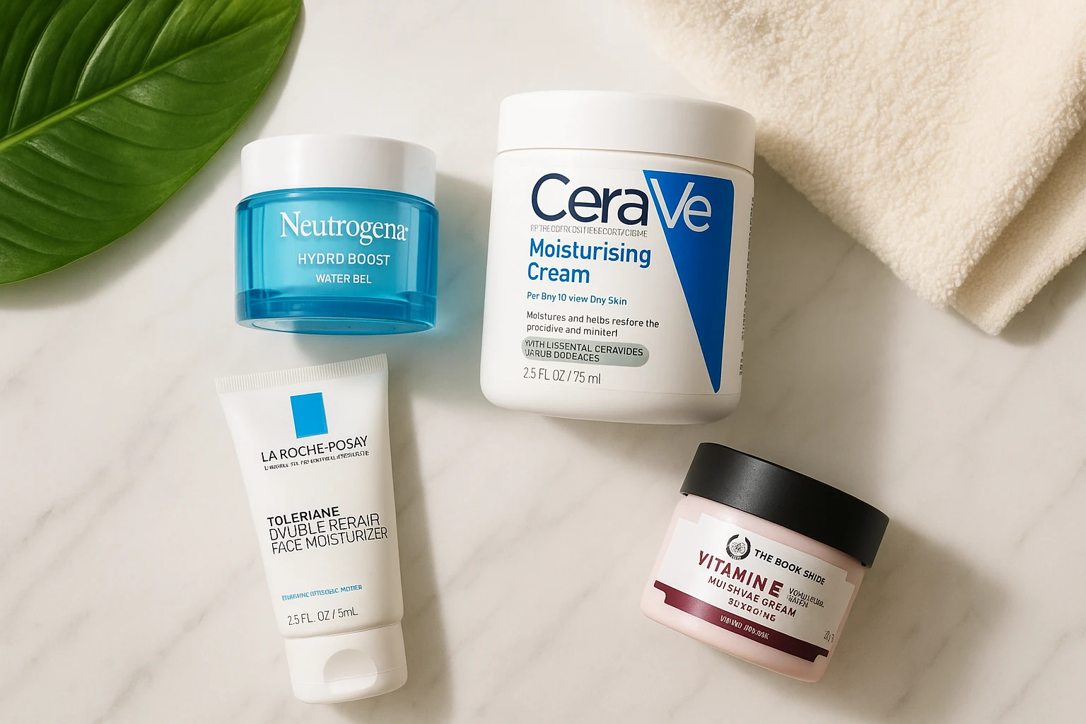 چیدمان تخت حرفه‌ای از مرطوب‌کننده‌های Neutrogena، CeraVe، La Roche‑Posay و The Body Shop روی پس‌زمینه مرمر سفید با برگ سبز و حوله؛ نور طبیعی ملایم، حس تمیزی و مراقبت پوستی.  