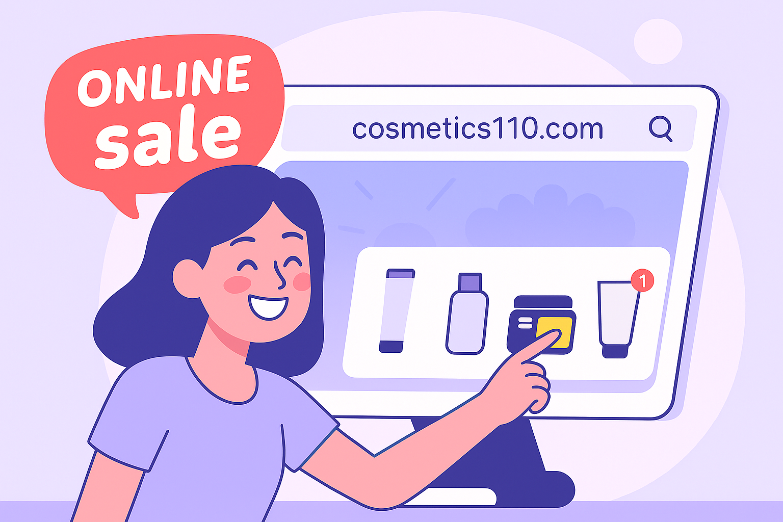 یک زن در حال خرید آنلاین محصولات بهداشتی و مراقبتی از طریق سایت کازمتیک 110 (cosmetics110.com) است. او با لبخند به صفحه مانیتور نگاه می‌کند و در حال انتخاب یکی از محصولات با کلیک است. صفحه نمایش کامپیوتر شامل تصویر محصولاتی مانند ژل شستشو، کرم و تونر است. طراحی تصویر به سبک فلت، با رنگ‌های آرامش‌بخش بنفش و آبی انجام شده و نشان‌دهنده تجربه آسان و سریع خرید اینترنتی از فروشگاه کازمتیک 110 می‌باشد.