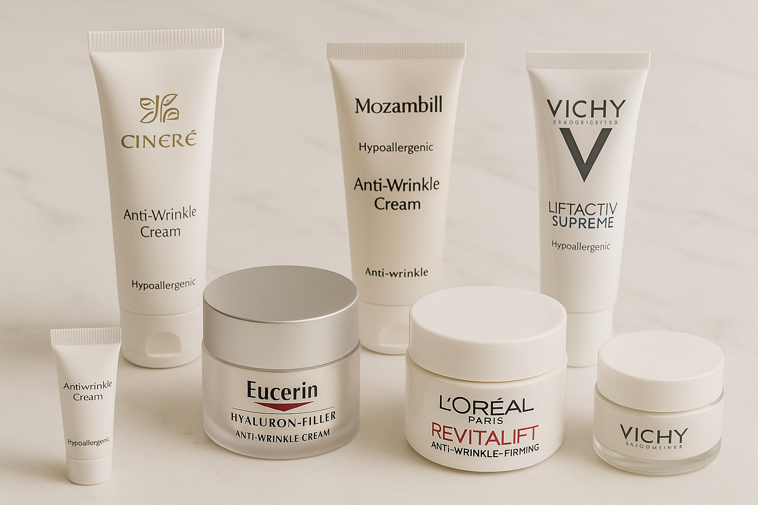 عکس واقعی کرم‌های ضد چروک برندهای معتبر با بسته‌بندی مینیمال و عبارت hypoallergenic بر روی سطح تمیز